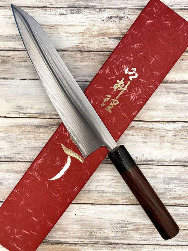 Couteau Japonais HONMAMON à Hachette Acier Aogami 120mm - Avec étui Cuir, Dureté HRC61, Manche Cordé